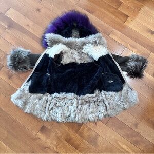 Indigenous Native Canada Vintage Fur-Trimmed Fur Jacket in Purple, Gray, Brown
